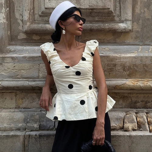 Linad Vintage Polka Dot Backless Tank Tops Summer Street Chic Slim Deep V Neck Vest Casual Ruffles Sleeveless Tops Woman 2026