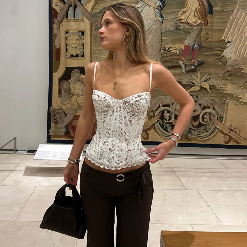 Mingmingxi Women's Lace Corset Top Spaghetti Strap Camisole Bustier Boned Tank Top Y2K Going Out Lace Up Cropped Top