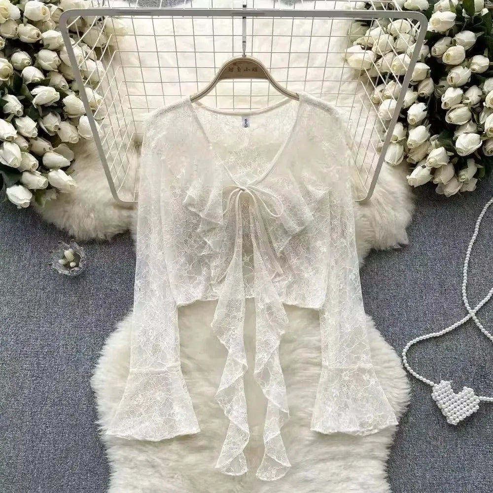 Summer Sweet Women Sun Protection Blouse Fashionable Bell Sleeve Lace Sheer Cardigan Tops Korean Elegant Ruffled V Neck Shirt