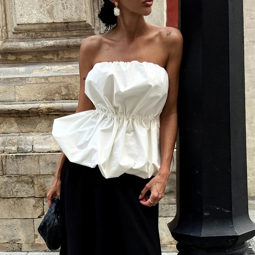 Linad Elegant White Pleated Off The Shoulder Tank Top Street Chic Backless Vest Female Spring Casual Sleeveless Tops Lady 2026