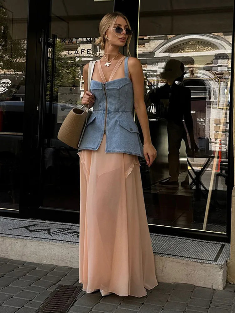 Street Denim Women Vest Beach Sling Zippers Sleeveless Backless Pocket Female Tank Top 2026 Spring Summer Chic Lady Crop Tops