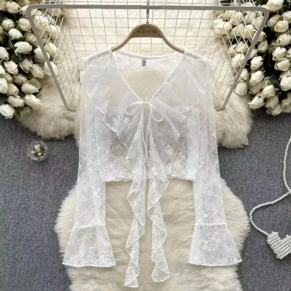 Summer Sweet Women Sun Protection Blouse Fashionable Bell Sleeve Lace Sheer Cardigan Tops Korean Elegant Ruffled V Neck Shirt